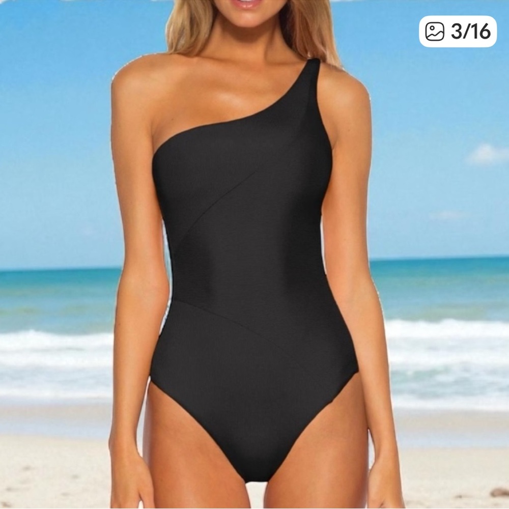 BECCA Black Adeline Rib One Shoulder Swimsuit